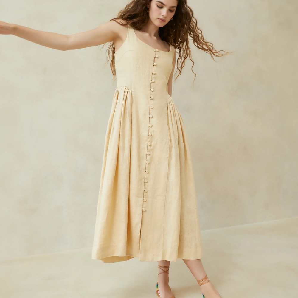 Sophie Rue XS Lottie Yellow Drop Waist Linen Midi Dress
